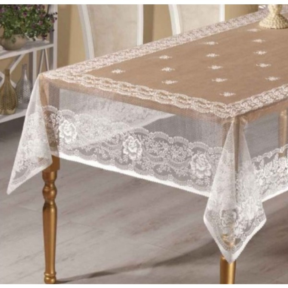 Wenessi Kdk Örme Polyester Tül Kumaş Atk Pano Desenli Masa Örtüsü - 160 x 220 cm - Ekru - Krem Masa Örtüsü Fiyatı