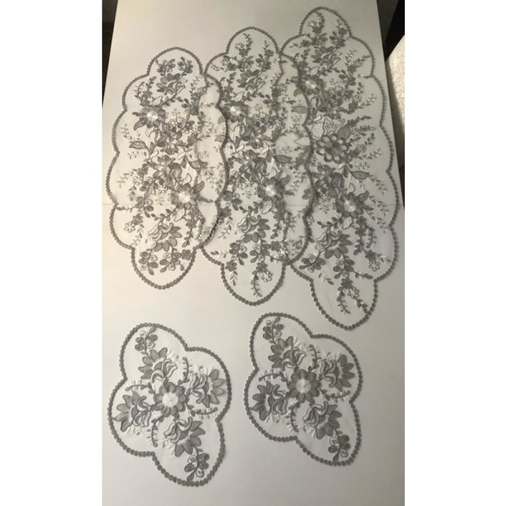 Wenessi Kordone Nakışlı Tül 5li Takım (Gri-Krem) - Gri - Beyaz - 90 x 30 cm Masa Örtüsü Fiyatı