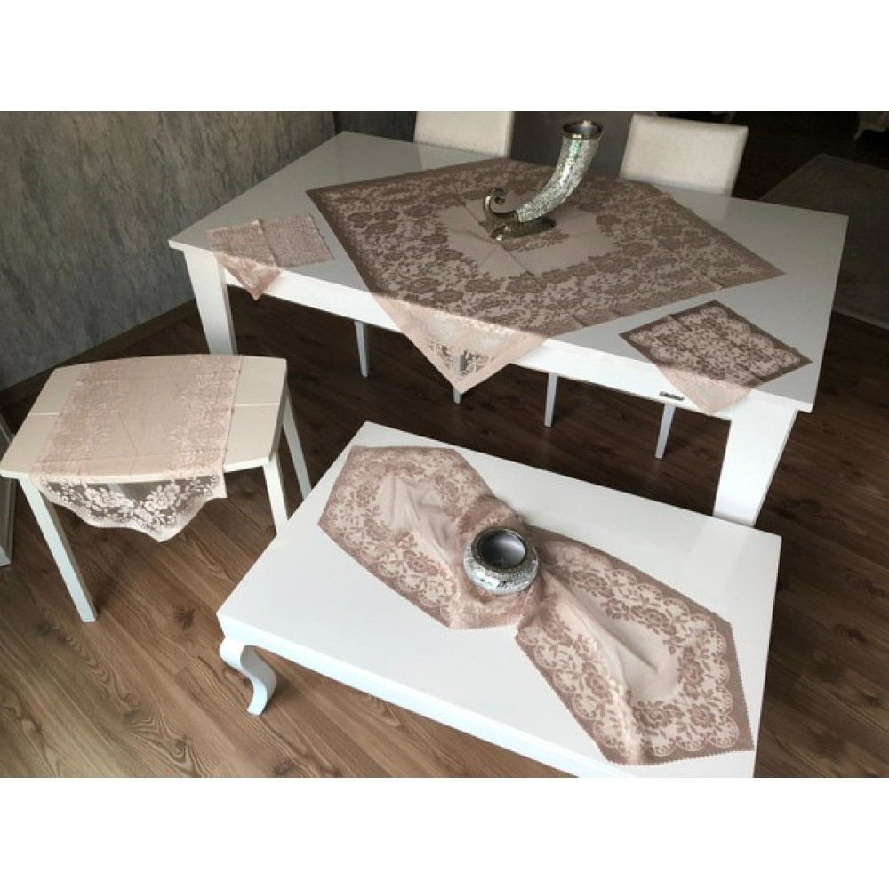 Wenessi Örme Güllü Desen Salon Takımı 6 Parça - Açık Kahverengi - 100 x 100 cm Masa Örtüsü Fiyatı