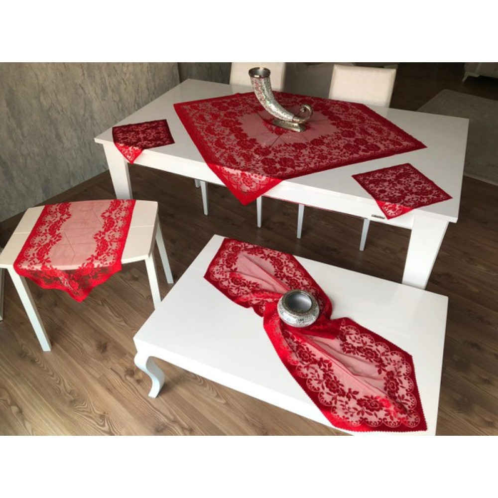Wenessi Örme Güllü Desen Salon Takımı 6 Parça - Kırmızı - 100 x 100 cm Masa Örtüsü Fiyatı