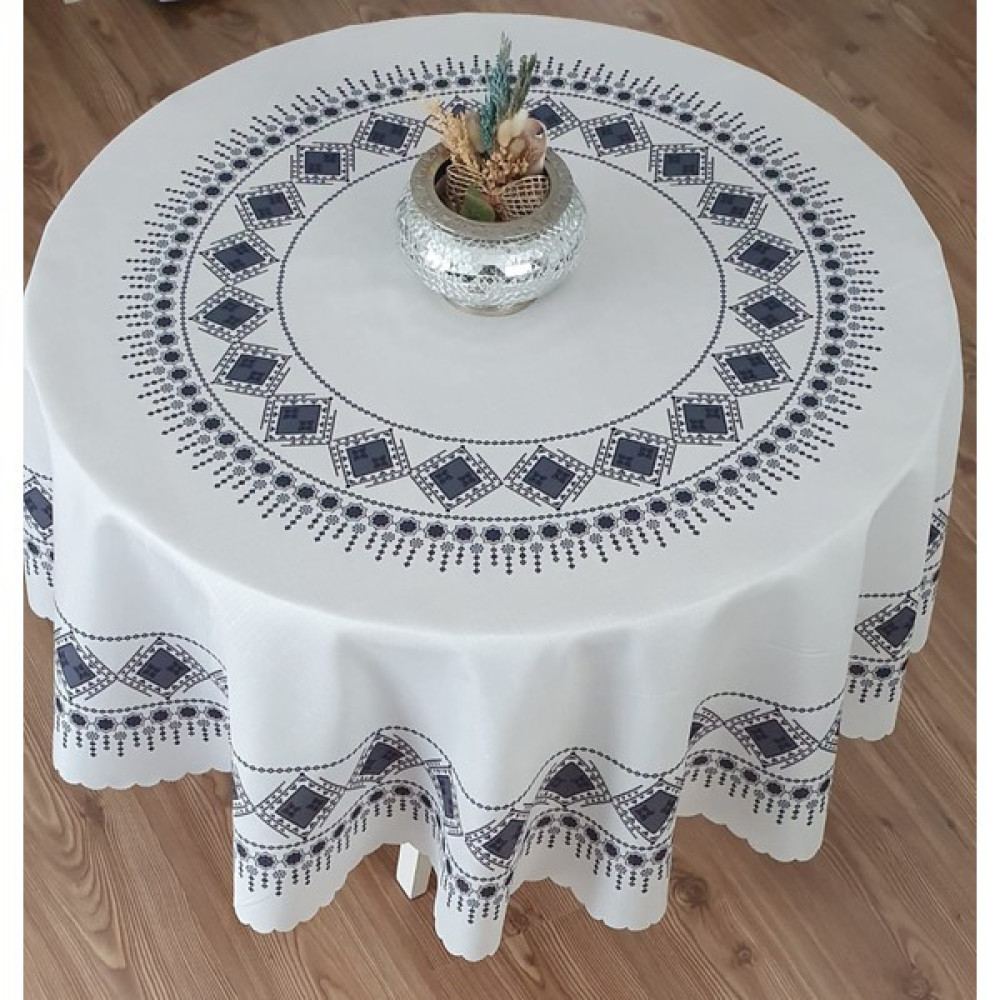Wenessi Yuvarlak Baskılı Polyester Kumaş Masa Ortusu - Ekru - Gri - 150 x 150 cm Masa Örtüsü Fiyatı