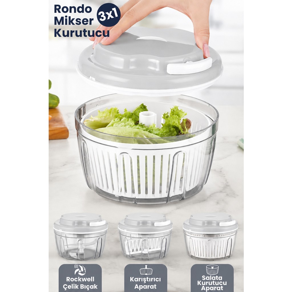 Wenken 3’ü 1 Arada Rondo Mikser & Salata Kurutucu – Ipli Doğrayıcı, Karıştırıcı ve Kurutucu Seti - Gri Mikserler Fiyatı