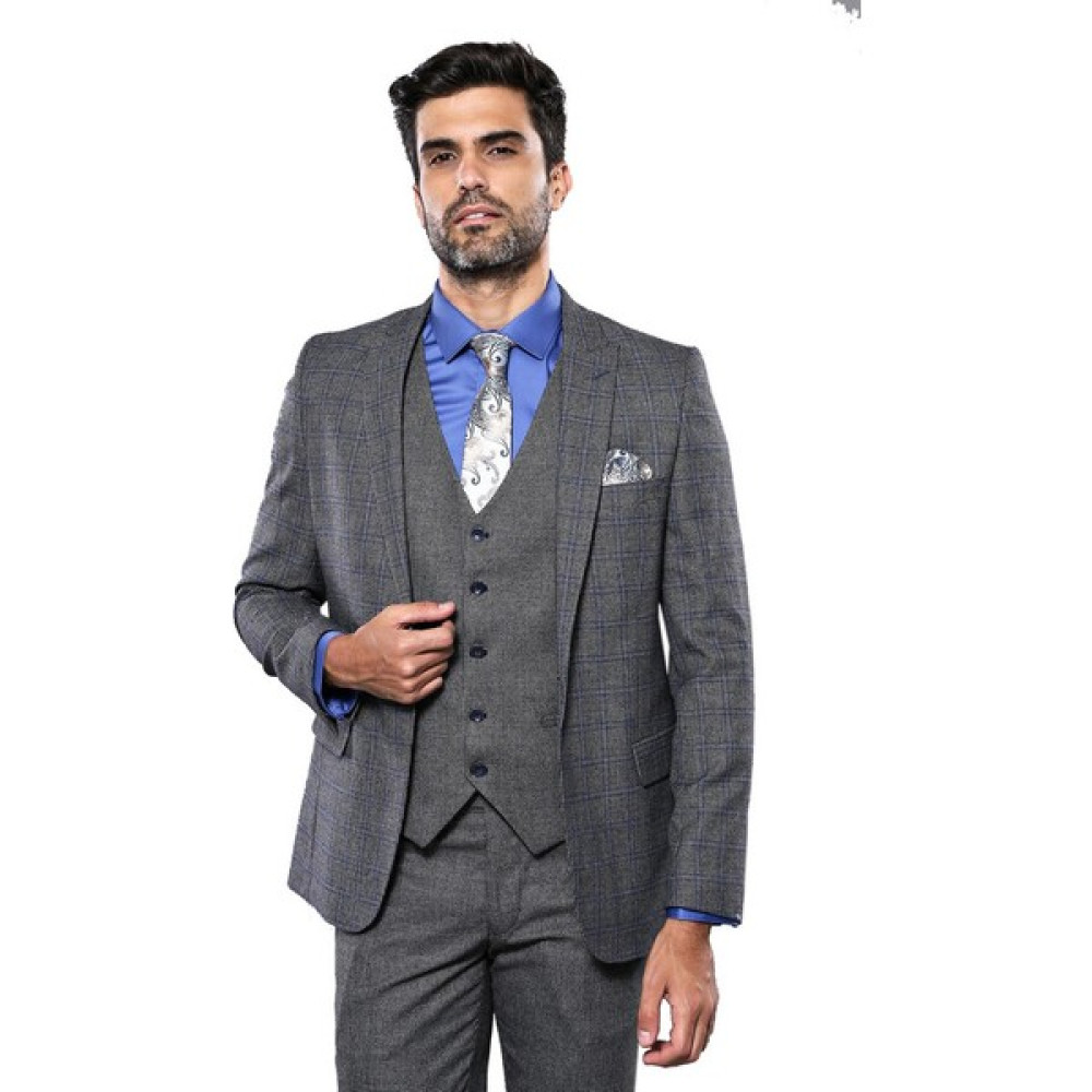 Wessi Ekose Slim Fit Siyah-Gri Yelekli Spor Takım Elbise Erkek Takım Elbise Fiyatı