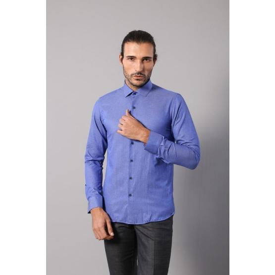 Wessi Erkek Mavi Slim Fit Kendinden Desenli Gömlek