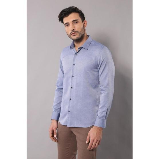 Wessi Erkek Mavi Slim Fit Kendinden Desenli Gömlek