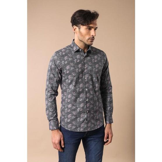 Wessi Erkek Mavi Slim Fit Kendinden Desenli Gömlek