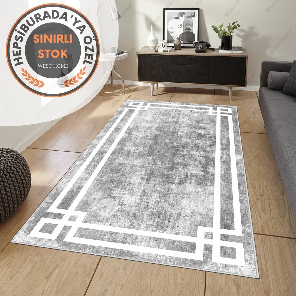 West Home Dijital Baskı Yıkanabilir Kaymaz Taban Salon Halısı Mutfak Halısı Yolluk - 120 x 350 cm - Gri Salon Halısı Fiyatı