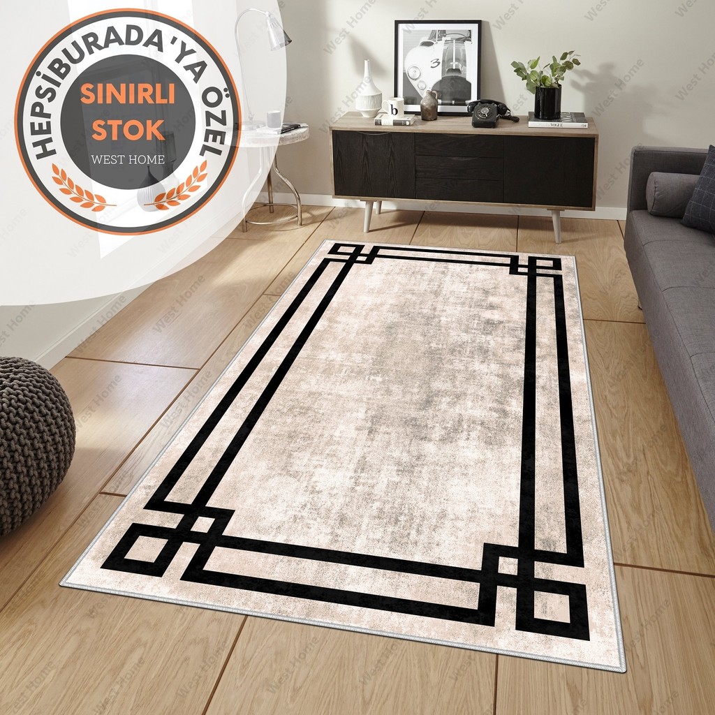 West Home Dijital Baskı Yıkanabilir Kaymaz Taban Salon Halısı Mutfak Halısı Yolluk - 140 x 300 cm - Bej Salon Halısı Fiyatı