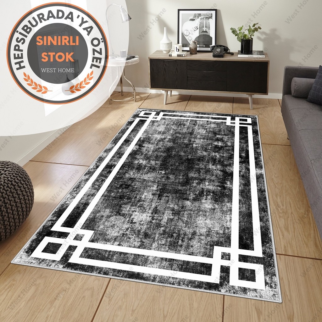 West Home Dijital Baskı Yıkanabilir Kaymaz Taban Salon Halısı Mutfak Halısı Yolluk - 180 x 280 cm - Siyah Salon Halısı Fiyatı