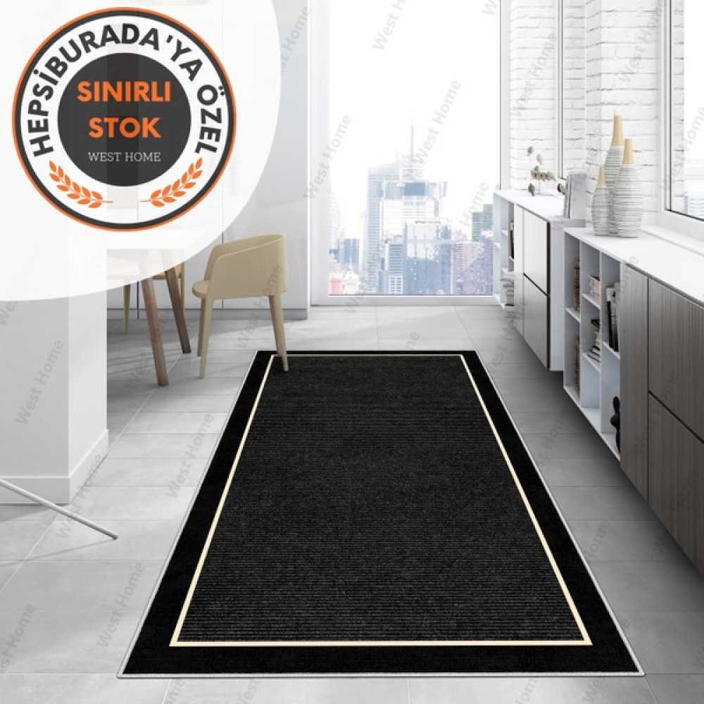 West Home Dijital Baskı Yıkanabilir Kaymaz Taban Salon Halısı Mutfak Halısı Yolluk - 80 x 150 cm - Siyah Salon Halısı Fiyatı