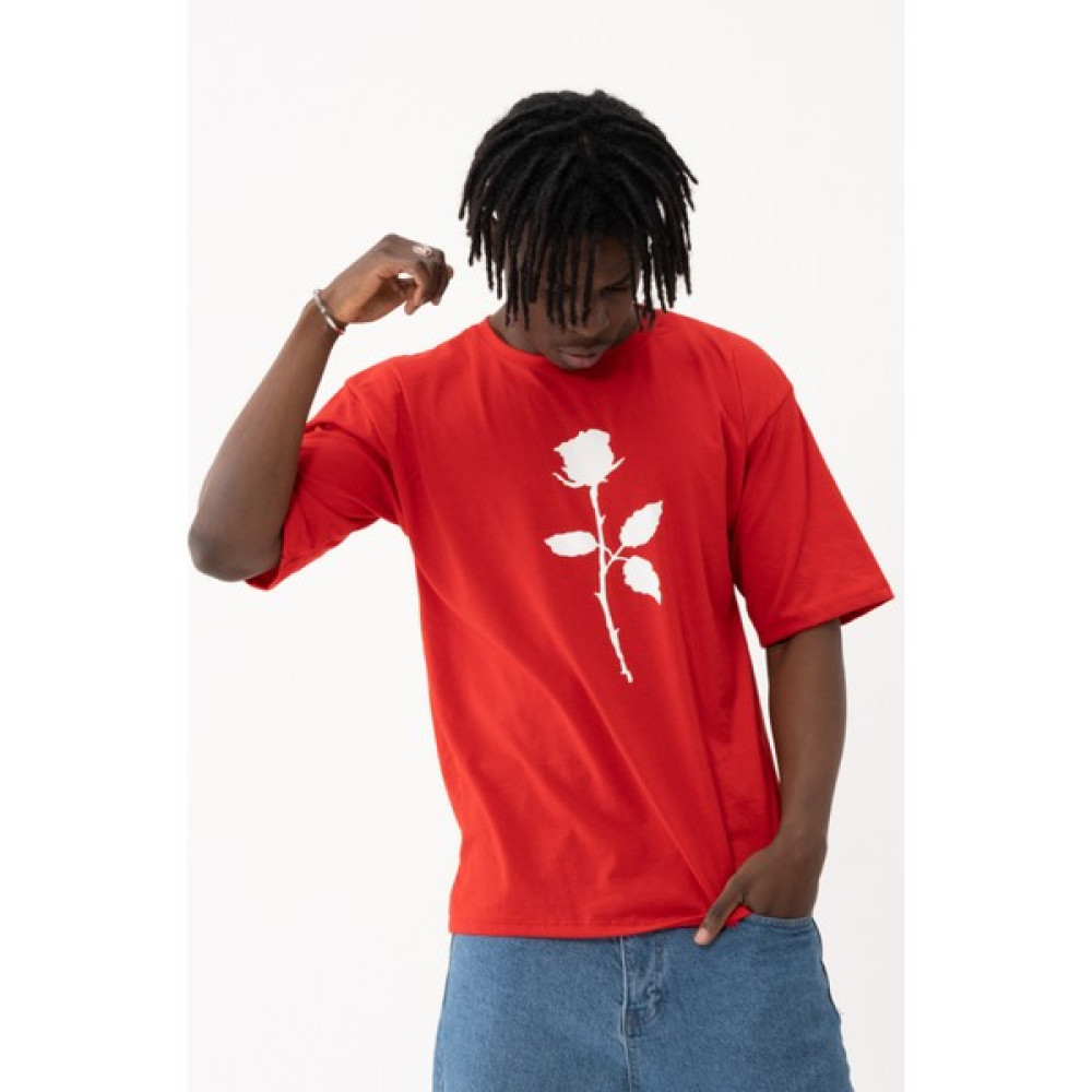 West Kombin Kırmızı Gül Baskı Oversize Tshirt Erkek T-shirt Fiyatı