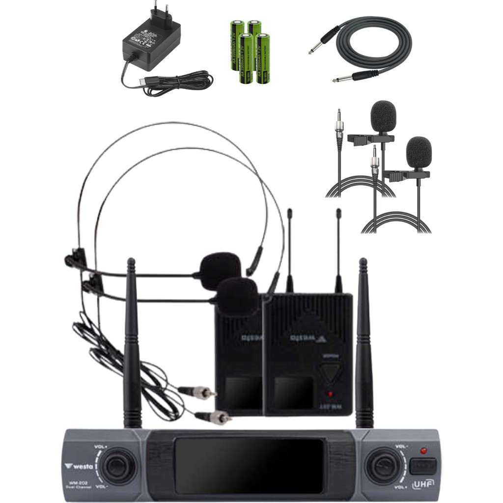 Westa WM-202T Çift Yaka+Headset Telsiz Mikrofon Seti (2 Yaka + 2 Headset) Kablosuz Mikrofon Stüdyo Mikrofonu Fiyatı
