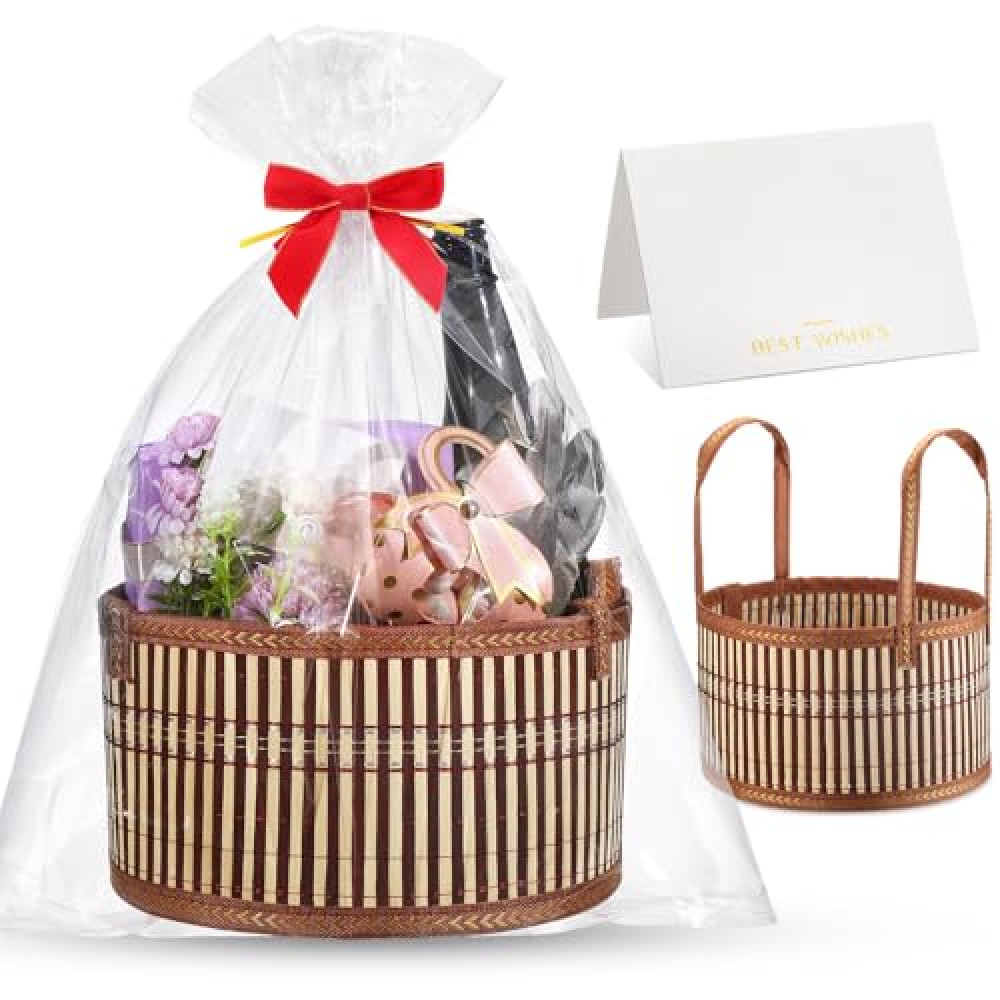 Weysat 1 Set Baskets for Gifts Empty, Sturdy Large Woven Bamboo Gift Basket Kit with Handle Wrap Bag Red Bow to Fill for Mothers Day Housewarming Party Baby Shower Birthday Wrapping Gift Gift Card