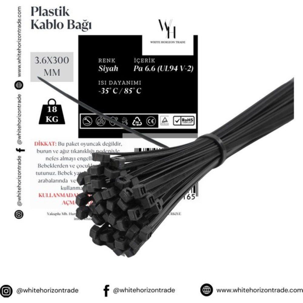 WH White Horizon Trade Plastik Kablo Bağı [Kelepçe/Cırt] 3,6 x 300 mm 100 Adet - 1 Paket - Siyah Elektrikli El Aletleri Fiyatı