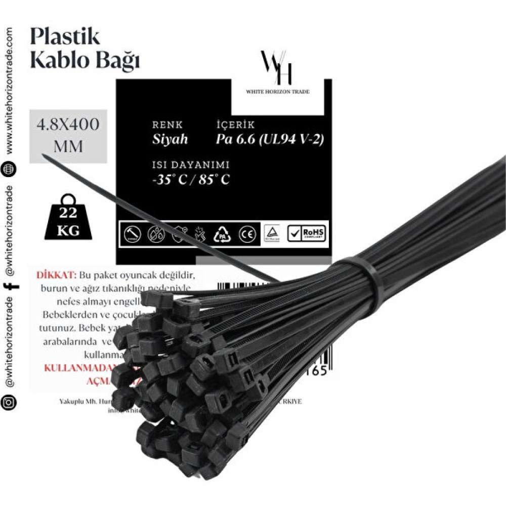 WH White Horizon Trade Plastik Kablo Bağı [Kelepçe/Cırt] 4,8 x 400 mm 100 Adet - 1 Paket - Siyah Elektrikli El Aletleri Fiyatı