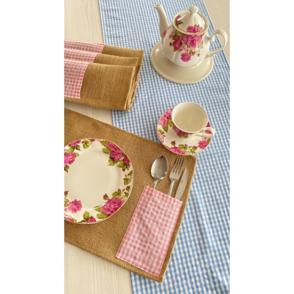 White Alamode Pötikare Mavi Runner ve Jut Pembe Amerikan Servis Seti - 40 x 140 cm Masa Örtüsü Fiyatı