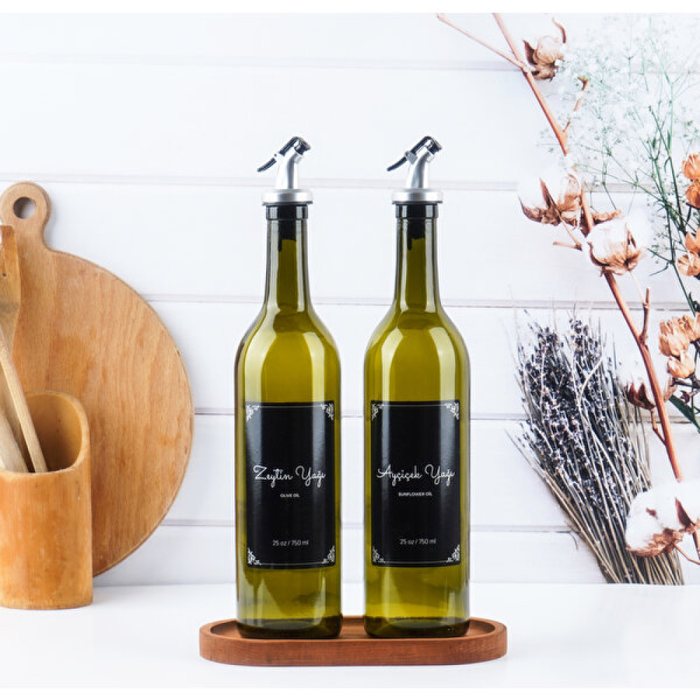 White Deer Ahşap Stantlı 2'li 750 ml Yeşil Cam Yağdanlık Set Damlatmaz Akıtmaz Zeytinyağı Sıvıyağ Şişesi Siyah Etiket Yağlık Mutfak Gereçleri Fiyatı