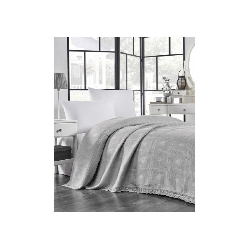 White Home Dantelli Pamuk Çift Kişilik Pike ve Yatak Örtüsü - Gri - PİKE ÇİFT KİŞİLİK Pike & Pike Takımı Fiyatı