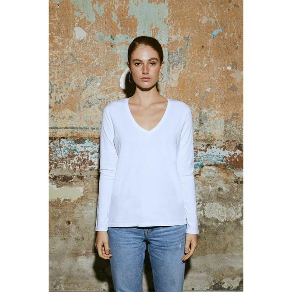 White&Simple Kadın Beyaz Uzun Kollu V Yaka Pamuklu T-Shirt Bayan T-shirt Fiyatı