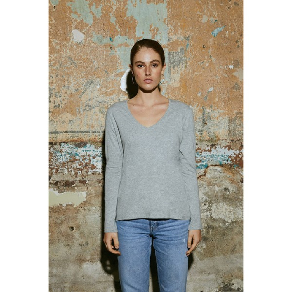 White&Simple Kadın Gri Uzun Kollu V Yaka Pamuklu T-Shirt Bayan T-shirt Fiyatı