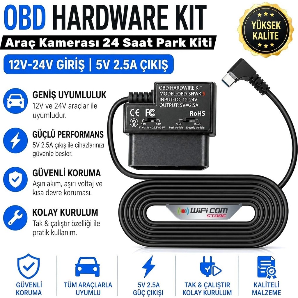 Wificam Type-C Girişli Araç Kamerası Obd Park Modu Bağlantı Kiti (Hardwire Kit) Bilgisayar Çevirici ve Adaptörü Fiyatı