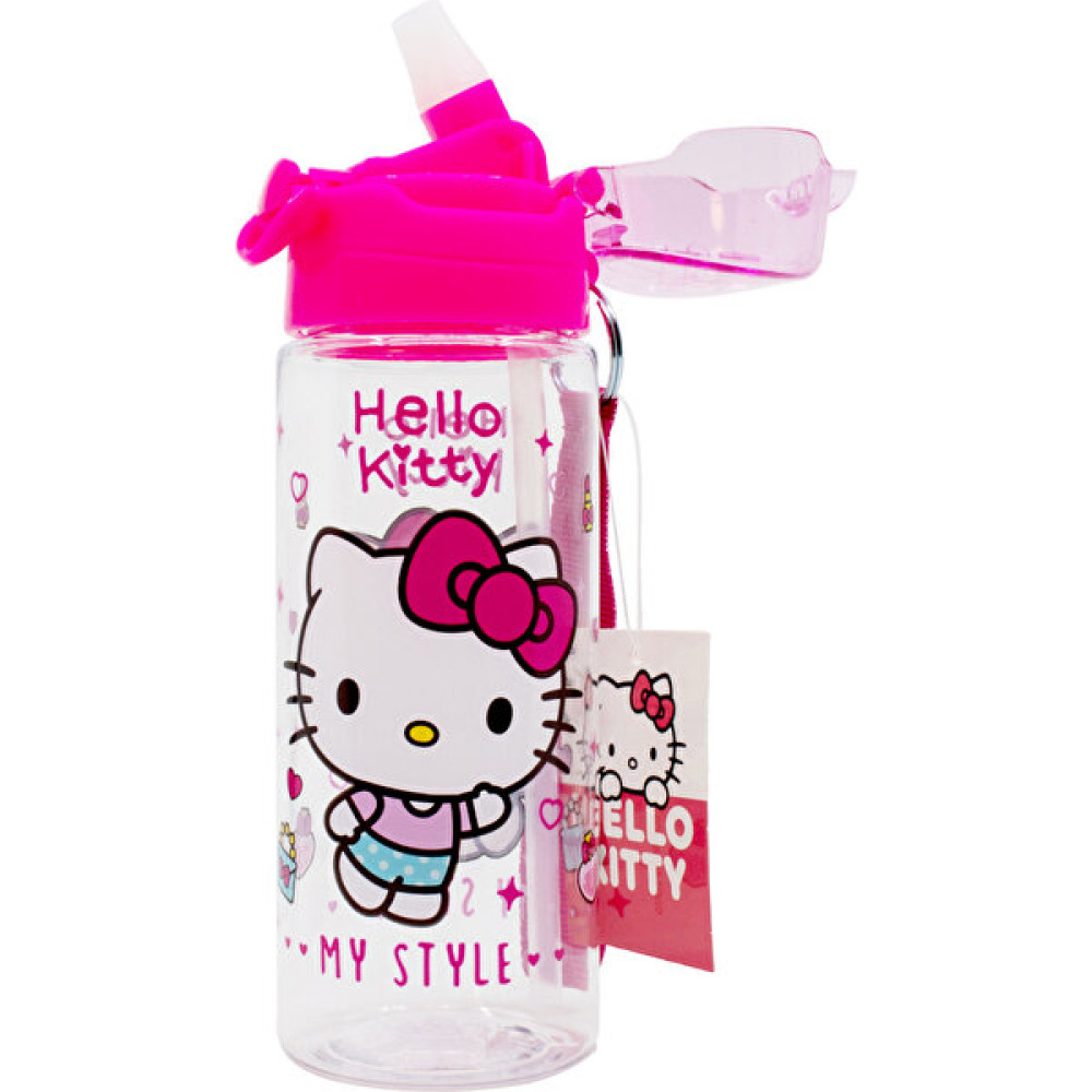 Wiggle 500ML Hello Kitty Pipetli Askılı Kilitlenebilir Su Matarası - Şeffaf - Pembe Suluk Fiyatı