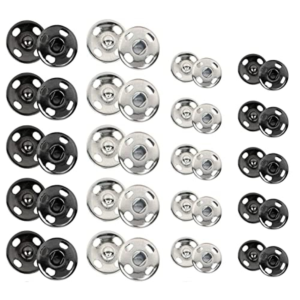 Willrain Sewing Snaps,120 Sets 8 mm and 10 mm,Black and Silver, Sew-on Snap Buttons Metal Snaps Fasteners Press Studs Buttons for Sewing