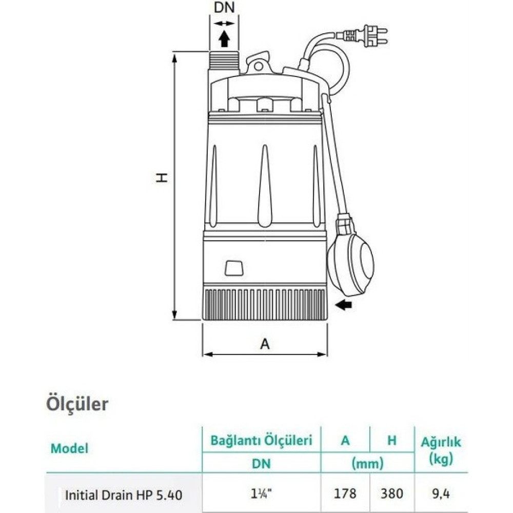 Wilo Drain Hp 5.40 Yüksek Basınçlı Drenaj Dalgıç Pompa 40 Mss 7.2 M³/h 220 Volt Su Motoru Fiyatı