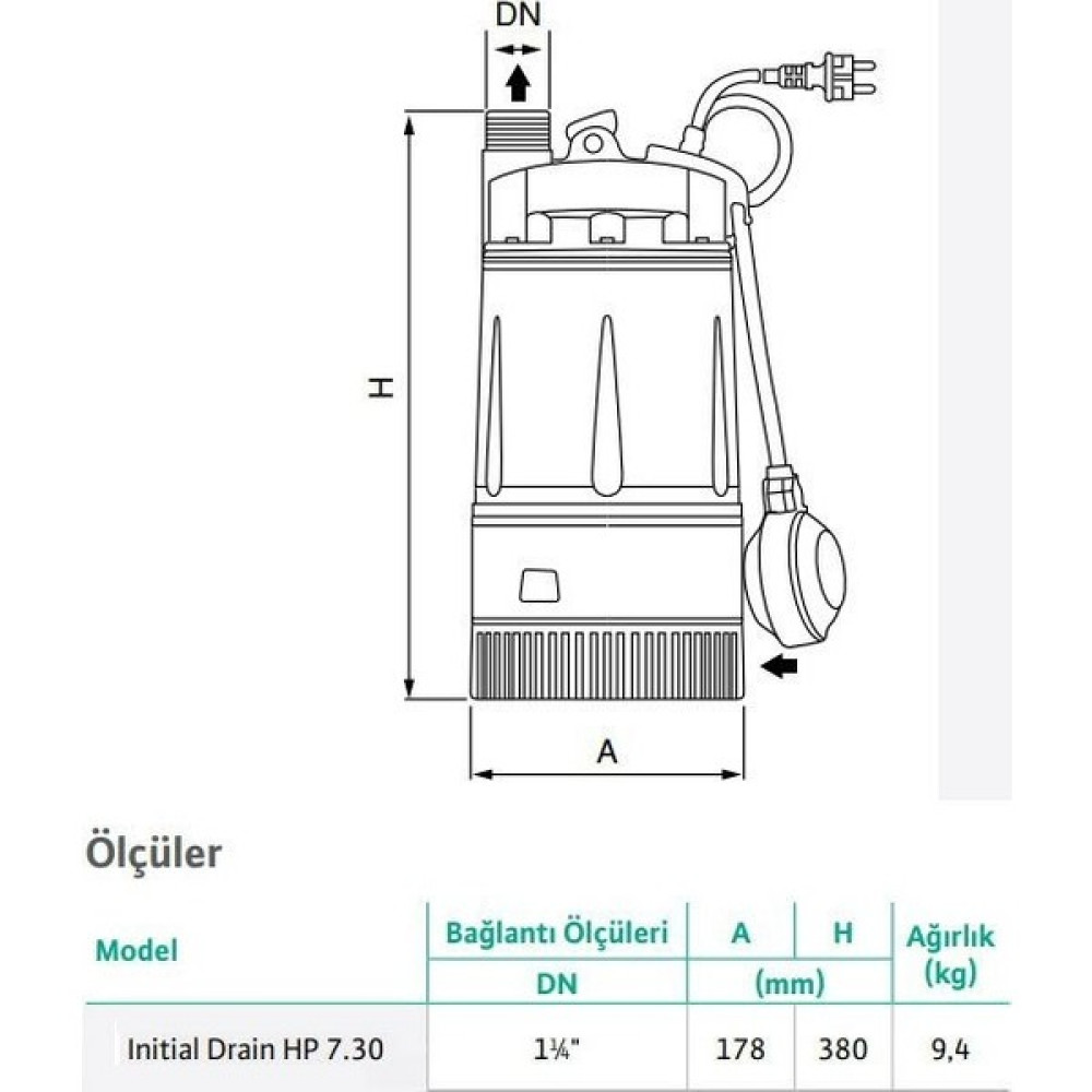 Wilo Drain Hp 7.30 Yüksek Basınçlı Drenaj Dalgıç Pompa 30 Mss 4.8 M³/h 220 Volt Su Motoru Fiyatı