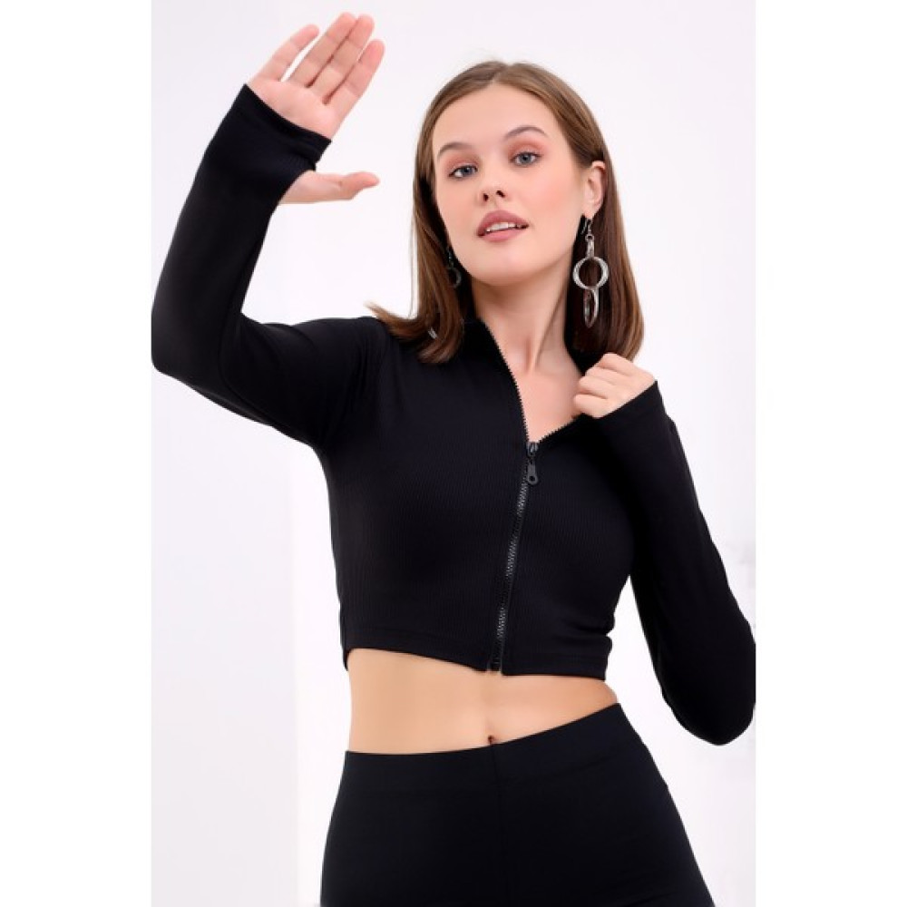 Win Moda Kadın Fermuarlı ve Parmak Geçirmeli Crop Bluz Fitilli Elestan Kumaş Bluz Fiyatı
