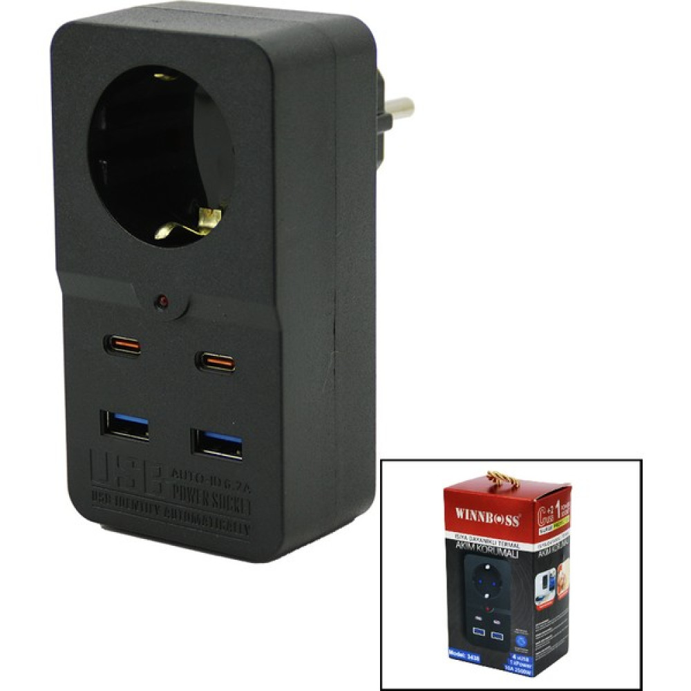 Winboss Termal Akım Korumalı 1 x Priz 2x USB 2x Type-C Duvar Tipi Priz Siyah 10A - 2500W - EMY1902-2894 Oto Boyaları Fiyatı