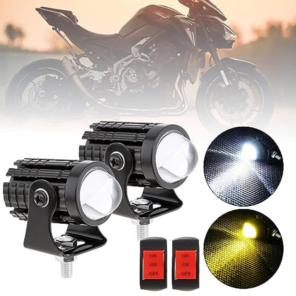 Windance 2pcs 32W LED Waterproof Motorcycle Headlight with Switch, Yellow White Dual Color Hi/Lo Beam Spotlight for Motorcycle,8V-80V 2400LM 3000K-6000K Aux Spotlight