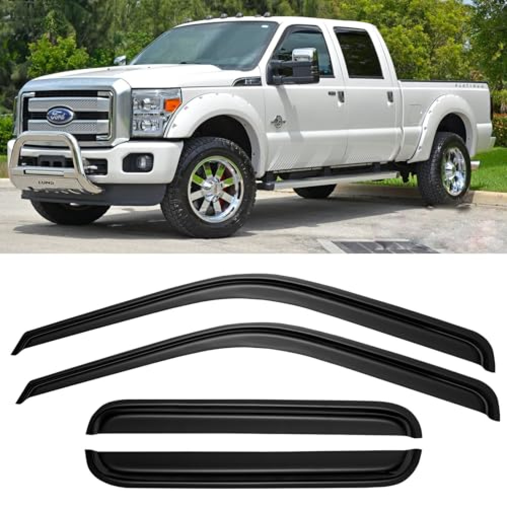 Window Rain Guards for 1999-2016 Ford F250 F350 F450 F550 Super Duty with SuperCrew Cab, Window Visors Vent Guard Shade Deflector, 4-Fullsize-Door, Tape On, Dark Smoke