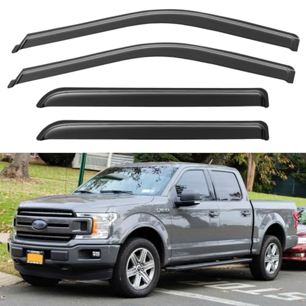 Window Rain Guards for 2015-2024 Ford F150 SuperCrew, Out-Channel Vent Visors Shades Wind Deflectors for 2017-2024 F-150 Raptor F250 F350 F450 F550 Super Duty Crew Cab, for Full-Size Cabs