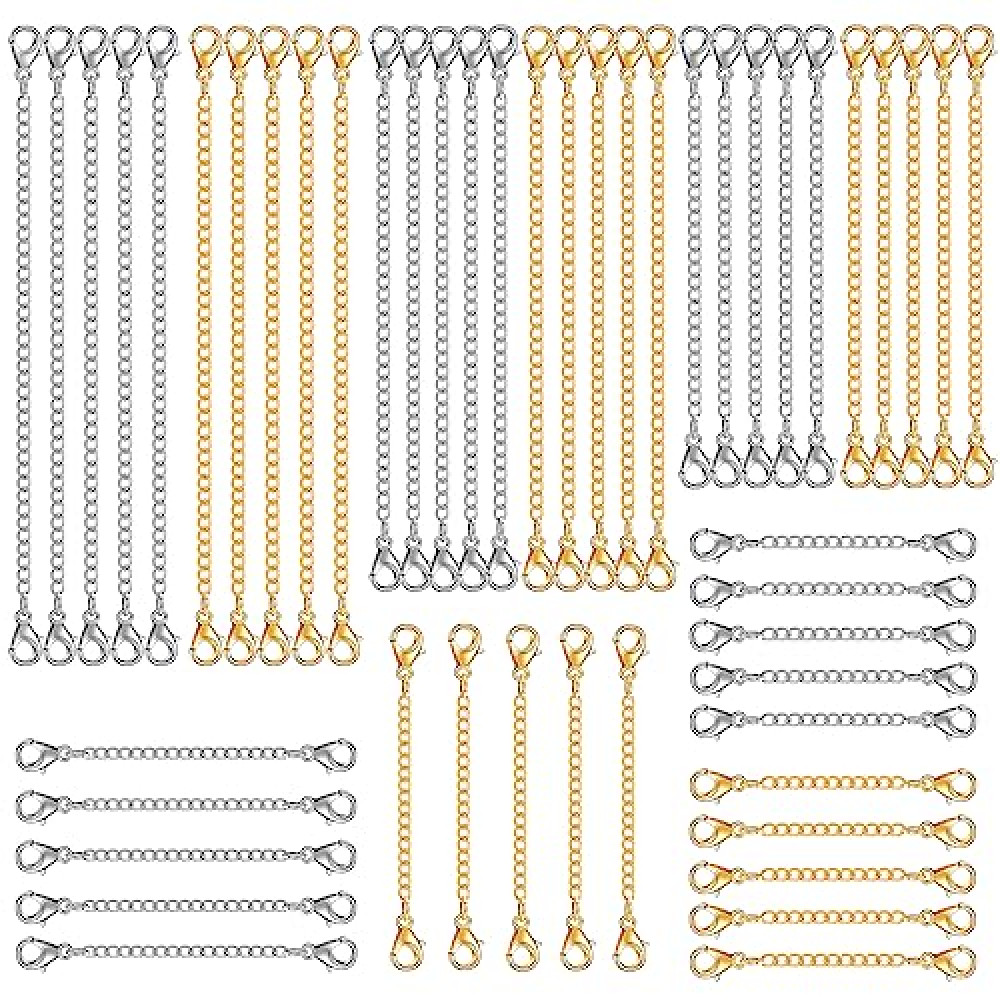 winee 30pcs Chain Extenders for Necklace, Necklace Extenders for Women Girls Bracelet Anklet Extender Stainless Steel Chain Extenders for Jewelry Making 2in 3in 4in 5in 6in (15 Gold, 15 Silver)