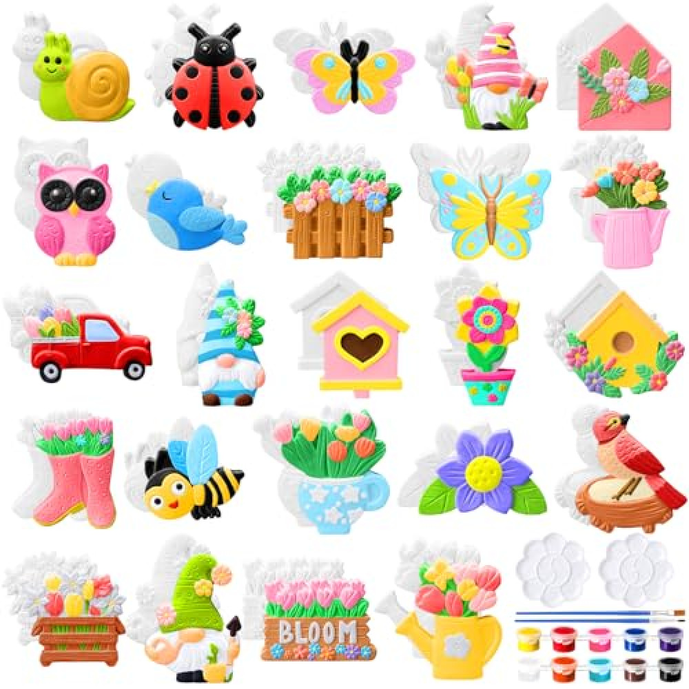 WinnerWhy 24 Pcs Spring Summer Ceramic Painting Kits Ready to Paint Your Own DIY Figurine Arts and Crafts Set Include Unpainted Paintable Ceramics with Brushes Palettes(Spring)