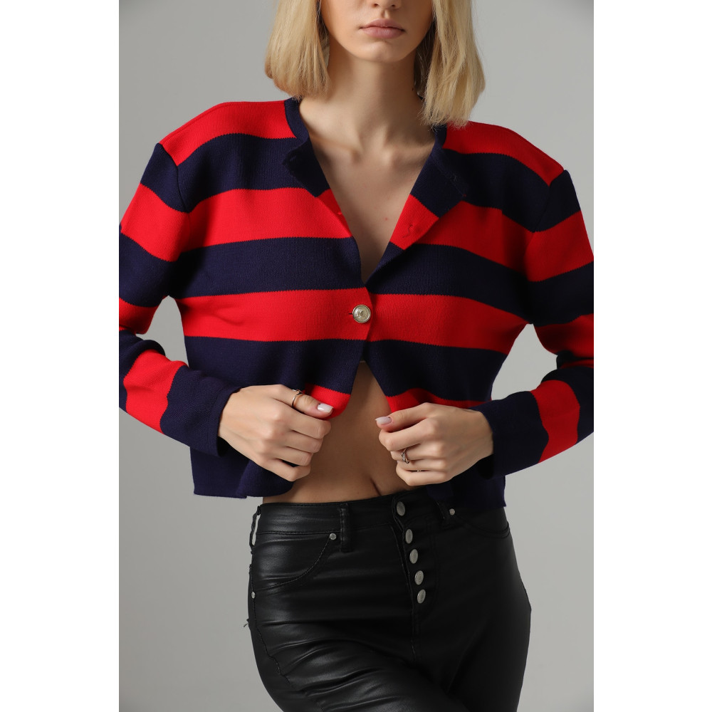 winter club Kadın Bisiklet Yaka Kırmızı Lacivert Çizgili Crop Hırka SSTD Beden Kadın Hırka Fiyatı