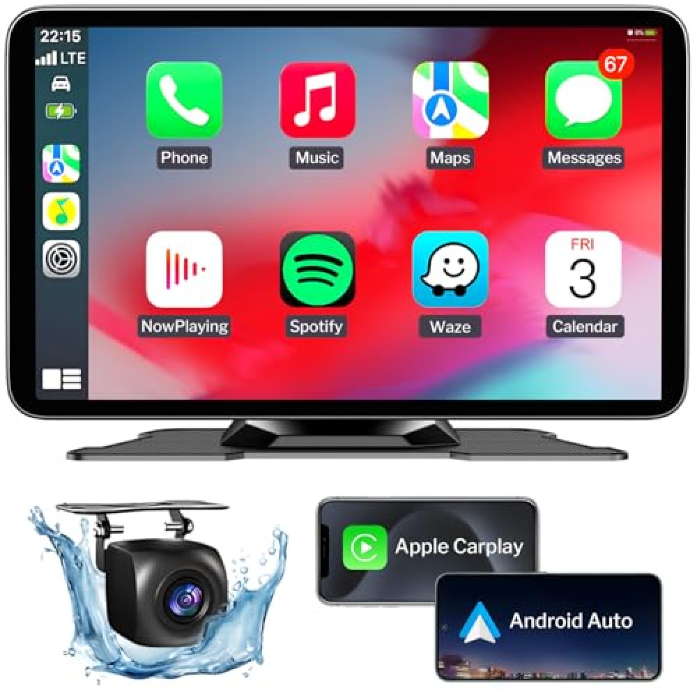 Wireless Apple Carplay Screen for Car, 7" HD Portable Car Stereo Touch Screen with Apple CarPlay & Android Auto with Backup Camera/Mirror Link/Siri/Bluetooth/Voice Control/Navigation/AUX for All Cars