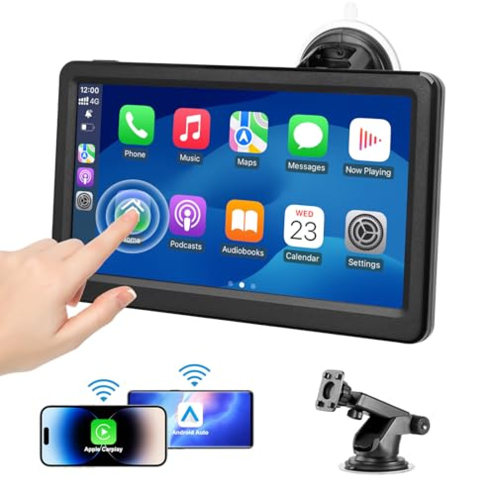 Wireless Apple Carplay Screen for Car, 7" HD Touch Screen Portable Car Stereo for Carplay & Android Auto, Pantalla para Carros with Bluetooth, AUX, FM Transmitter, Voice Control (Black)
