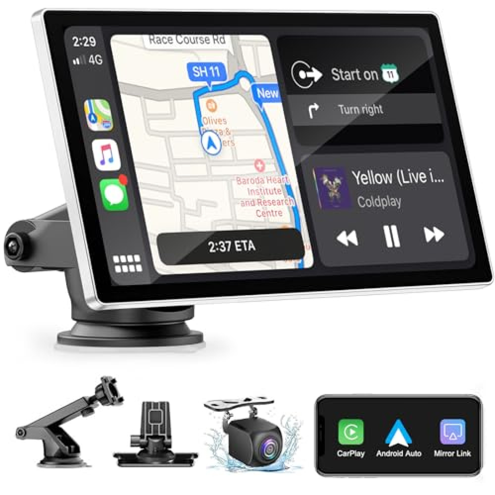 Wireless Carplay Screen for Car - 9'' Portable Car Stereo with Backup Camera, Car Overhead Video Players with A-pple Carplay & Android Auto, Bluetooth, AUX, GPS Navigation/AirPlay/Voice Control
