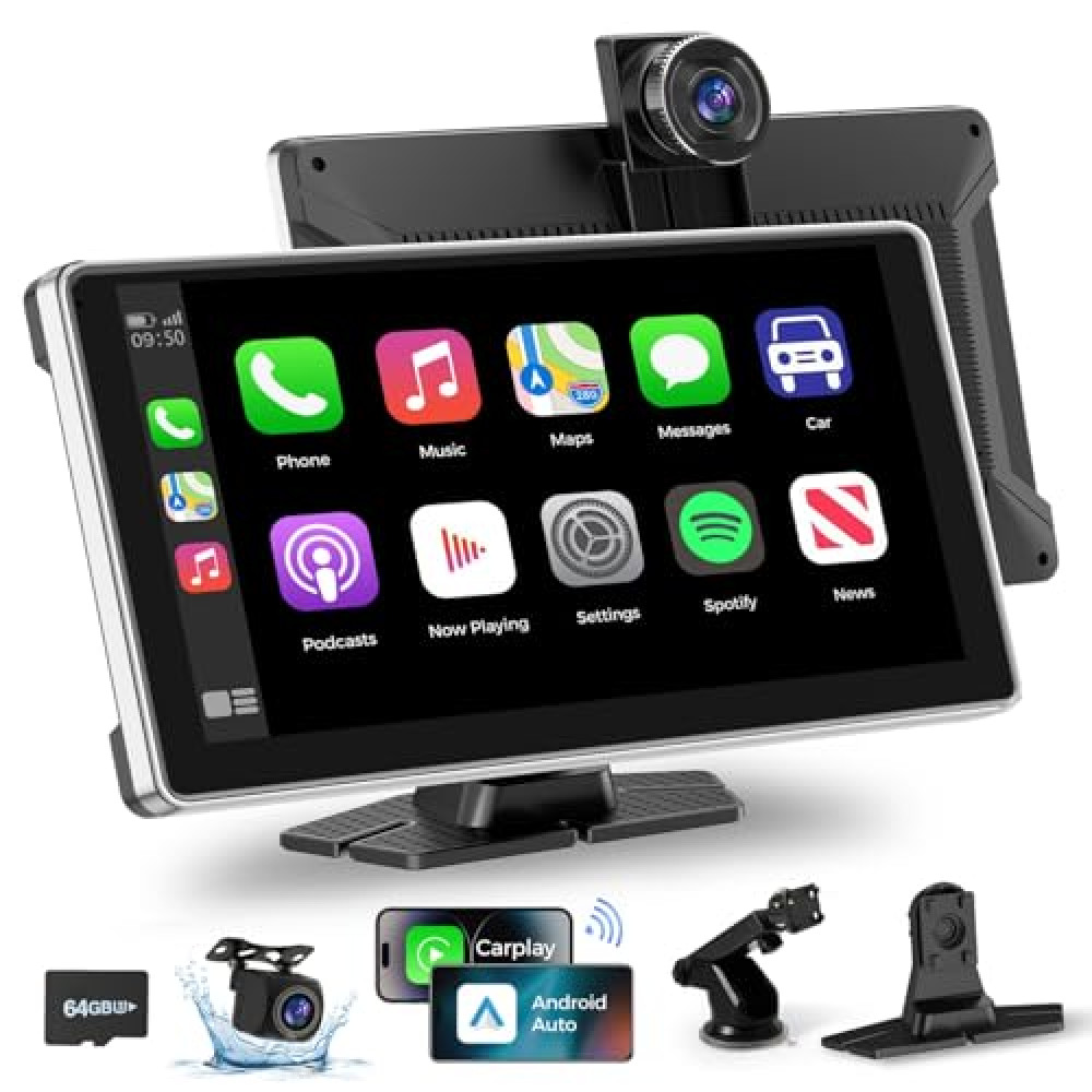 Wireless Carplay with 4K Dash Cam, 9" Portable Carplay Screen for Car, Apple Carplay & Android Auto Car Satellite Radio with 1080P Backup Camera, GPS Navigation/Mirror Link/Voice Control/Bluetooth