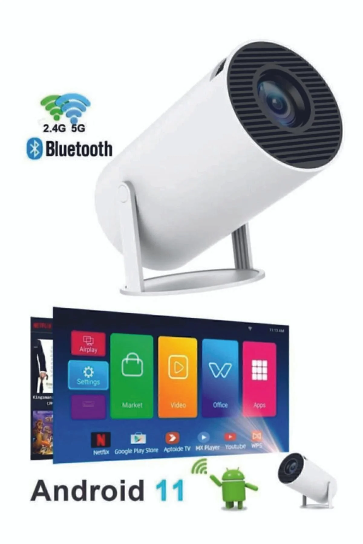 WISDOM Taşınabilir Sinema Projektörü 1280 * 720p Ev Sineması Bluetooth Android 11" Projeksiyon Fiyatı