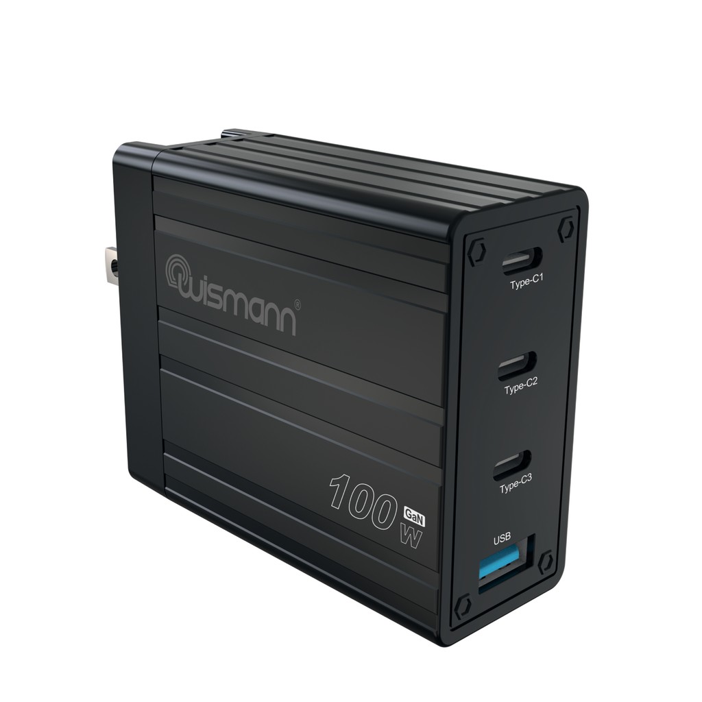 Wismann 100W Usb-C Güç Adaptörü 4 Port Gan (Akım Korumalı) Type-C Hızlı iPhone & Android & iPad & Macbook Şarj Cihazı (Type-C Kablo Dahildir) - Siyah Laptop Adaptör Fiyatı