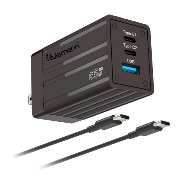 Wismann 65W Usb-C Güç Adaptörü 3 Port Gan (Akım Korumalı) Type-C Hızlı iPhone & Android & iPad & Macbook Şarj Cihazı (Type-C Kablo Dahildir) - Siyah Laptop Adaptör Fiyatı