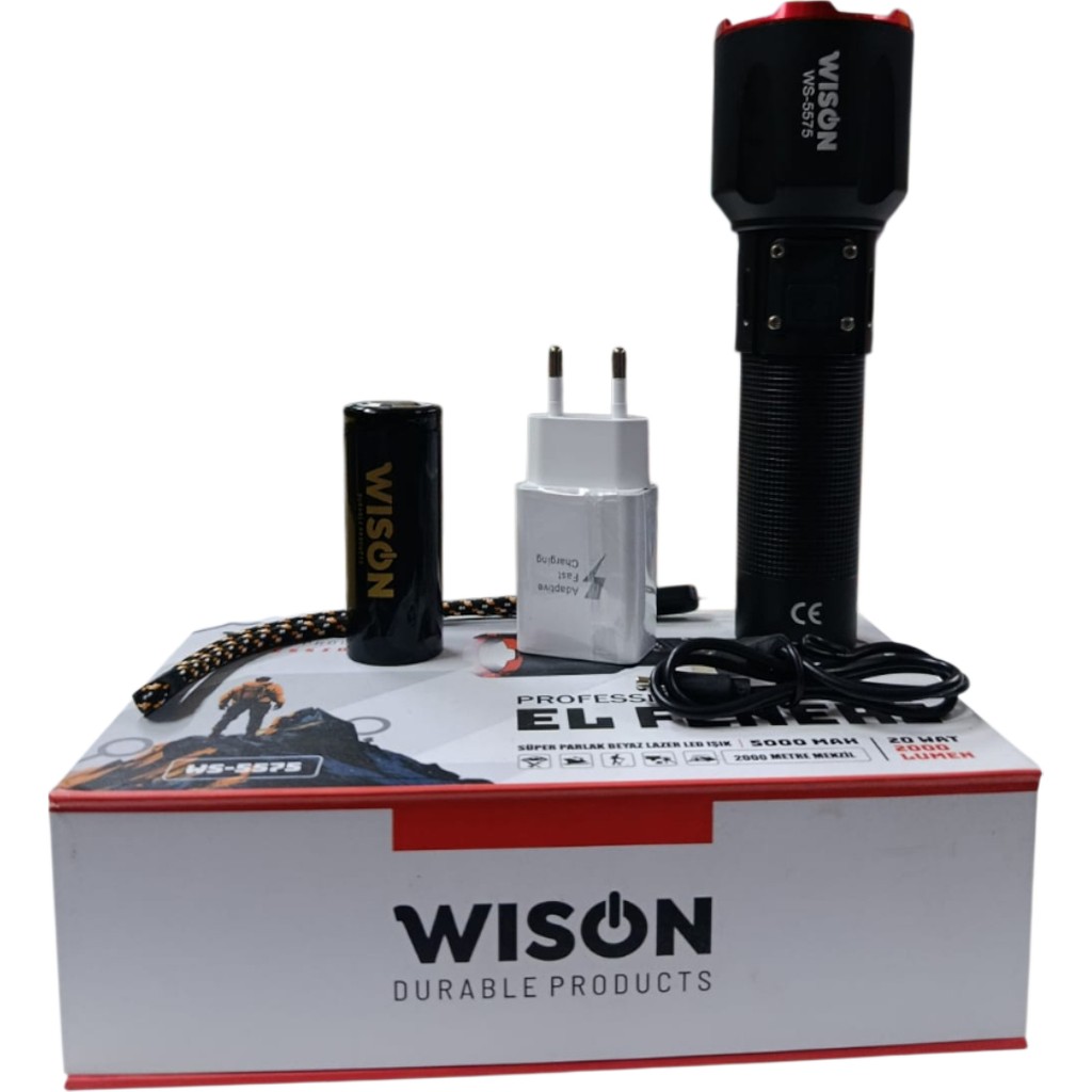 Wison WS-5575 Profesyonel El Feneri | 20W 2000 Lümen | 5000 Mah, Zoomlu, Dijital Göstergeli, Type-C Şarjlı Bilgisayar Çevirici ve Adaptörü Fiyatı