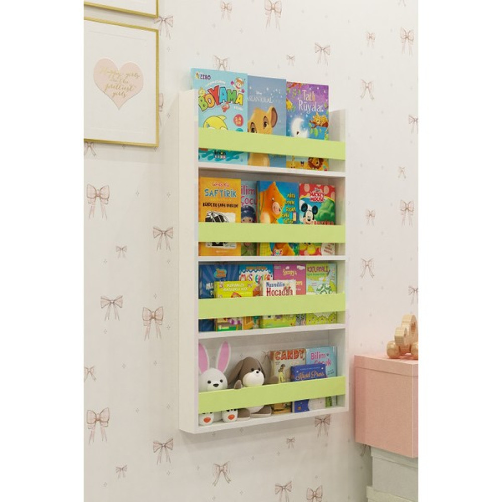 Wodi Woods Sarı, Pembe, Turuncu, Yeşil, Beyaz Montessori Çocuk Odası Eğitici Kitaplık 4 Raflı Bebek Odası Duvara Monte - Yeşil Kitaplık Fiyatı