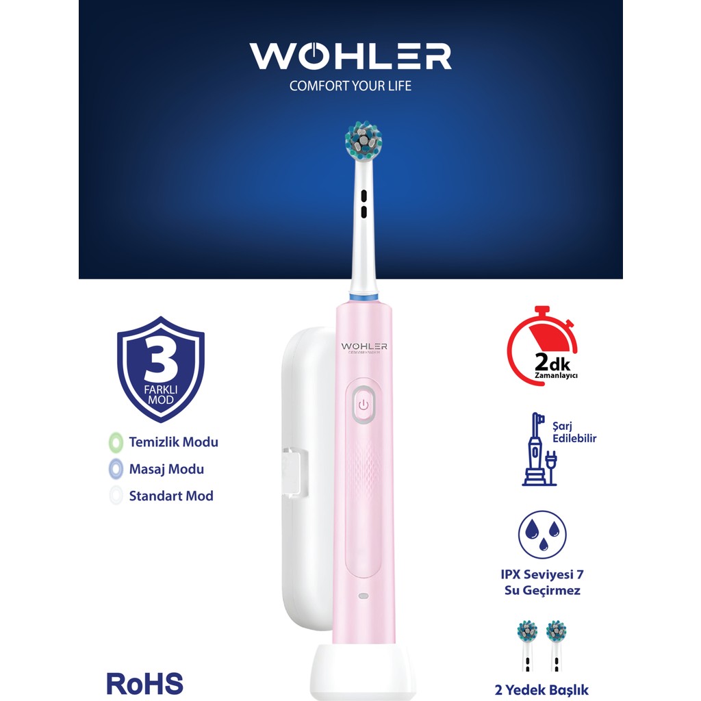 Wohler Değiştirilebilir Başlıklı Şarj Edilebilir Elektrikli Diş Fırçası - Pembe Diğer Fiyatı
