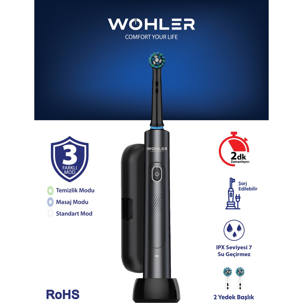 Wohler Değiştirilebilir Başlıklı Şarj Edilebilir Elektrikli Diş Fırçası - Siyah Diğer Fiyatı