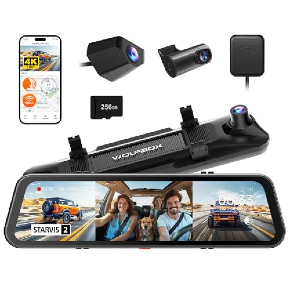 WOLFBOX G900 Tripro 3 Channel 4K Rear View Mirror Camera, STARVIS 2 IMX678 Night Vision, 4K+1080P+2.5K Front Inside and Rear Mirror Dash Cam, 5.8GHz WiFi, Voice Control, Includes 256GB Card & GPS Car Video & Navigation Devices Fiyatı