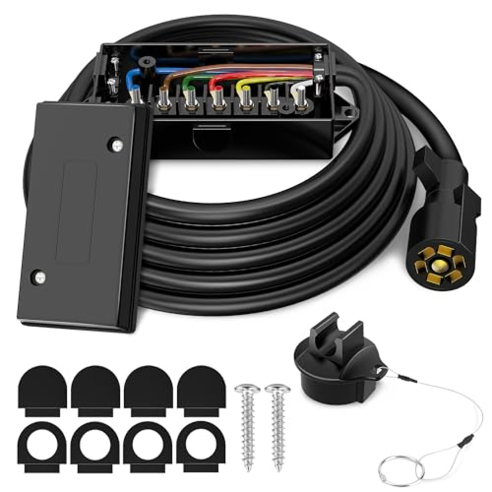 WOLFWILL 8ft 7 Way Trailer Plug Cord with 7 Gang Junction Box, 7 Pin Trailer Wiring Harness, Heavy Duty 7-Pin Trailer Cord Wire Cable with Waterproof Junction Box